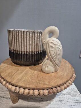 Vintage Soapstone Heron Bird Statue & Ribbed Ceramic Planter Set Boho Vignette